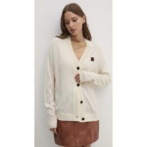 NWT $189 DKNY Heart Patch Off White Oversized Wool Blend Cardigan Sweater XS